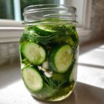 Close-up of fresh refrigerator pickles, sliced cucumbers, dill, and spices in a clear mason jar.
