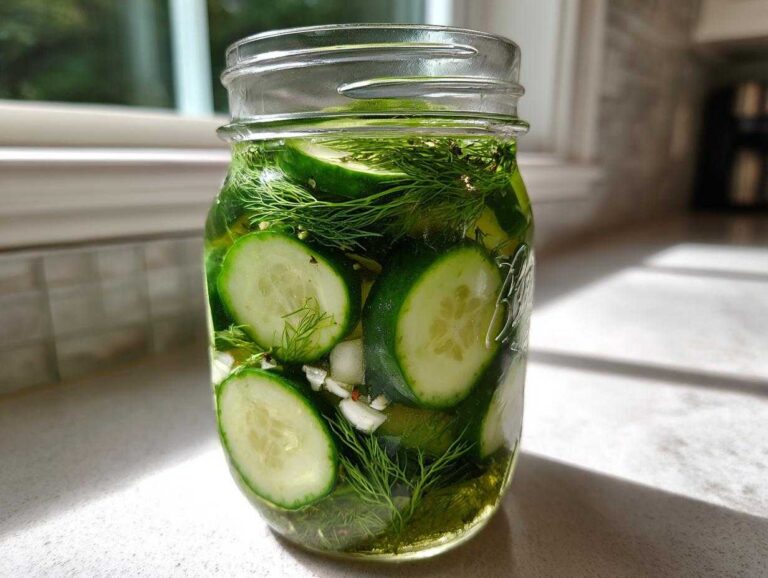 Close-up of fresh refrigerator pickles, sliced cucumbers, dill, and spices in a clear mason jar.
