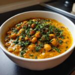 A close-up of a white bowl filled with rich, orange pumpkin curry featuring chickpeas and topped generously with fresh cilantro.