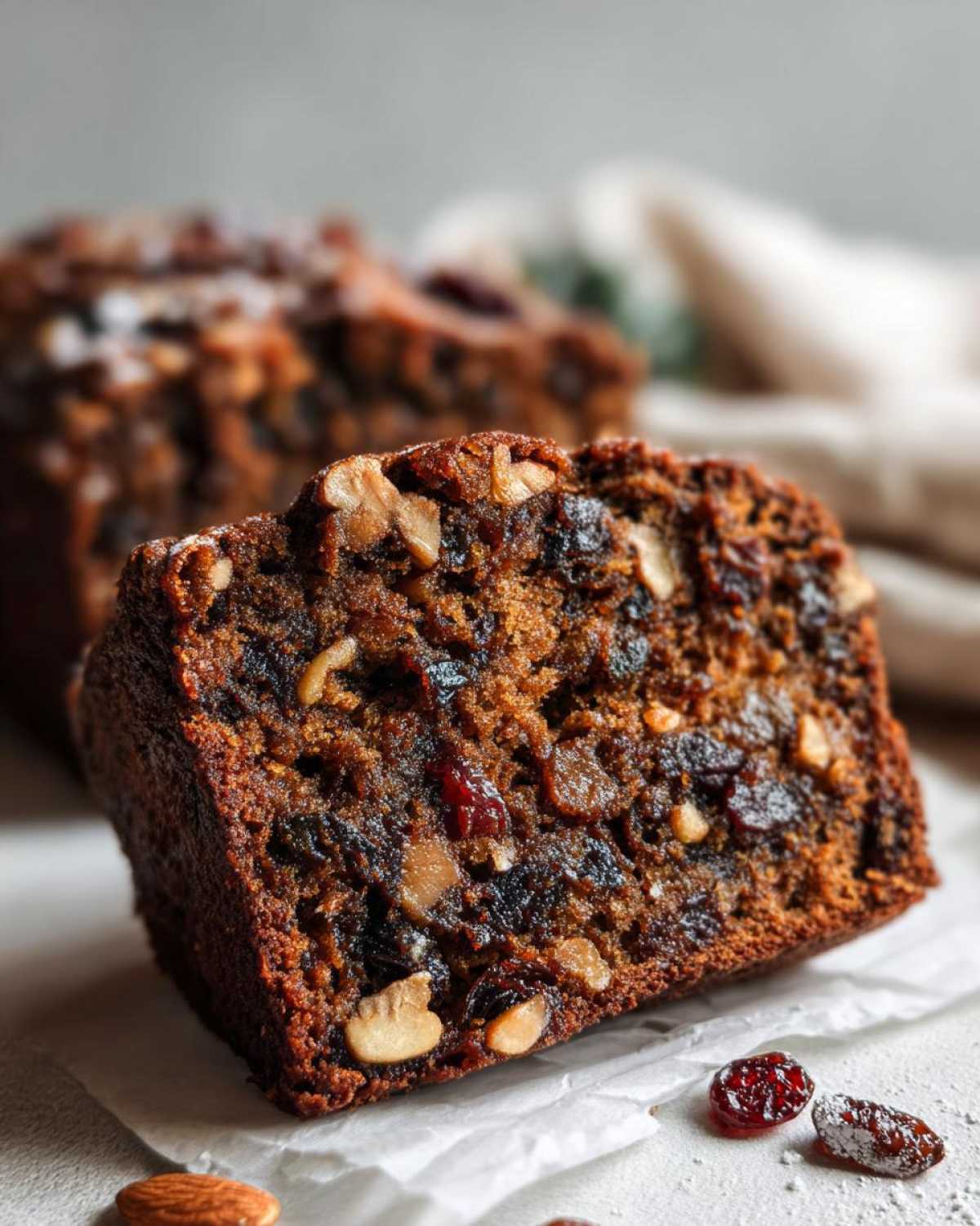 A close-up slice of dark, moist fruit cake recipe packed with dried fruits and nuts.