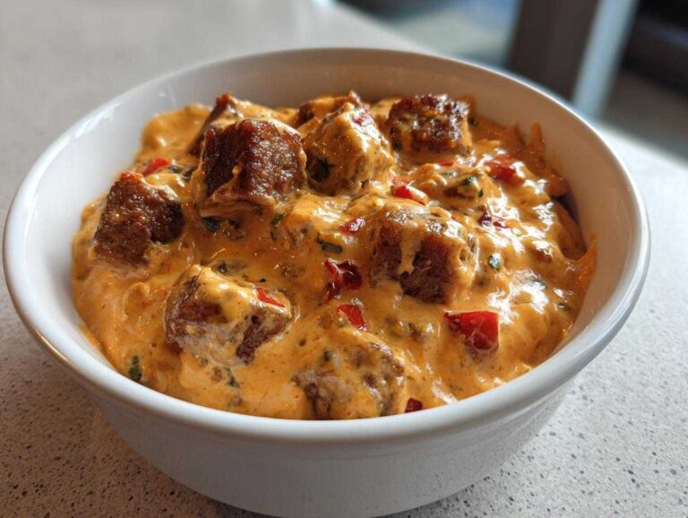 A close-up view of the rich, creamy sausage cheese dip loaded with chunks of browned sausage and red peppers in a white serving bowl.