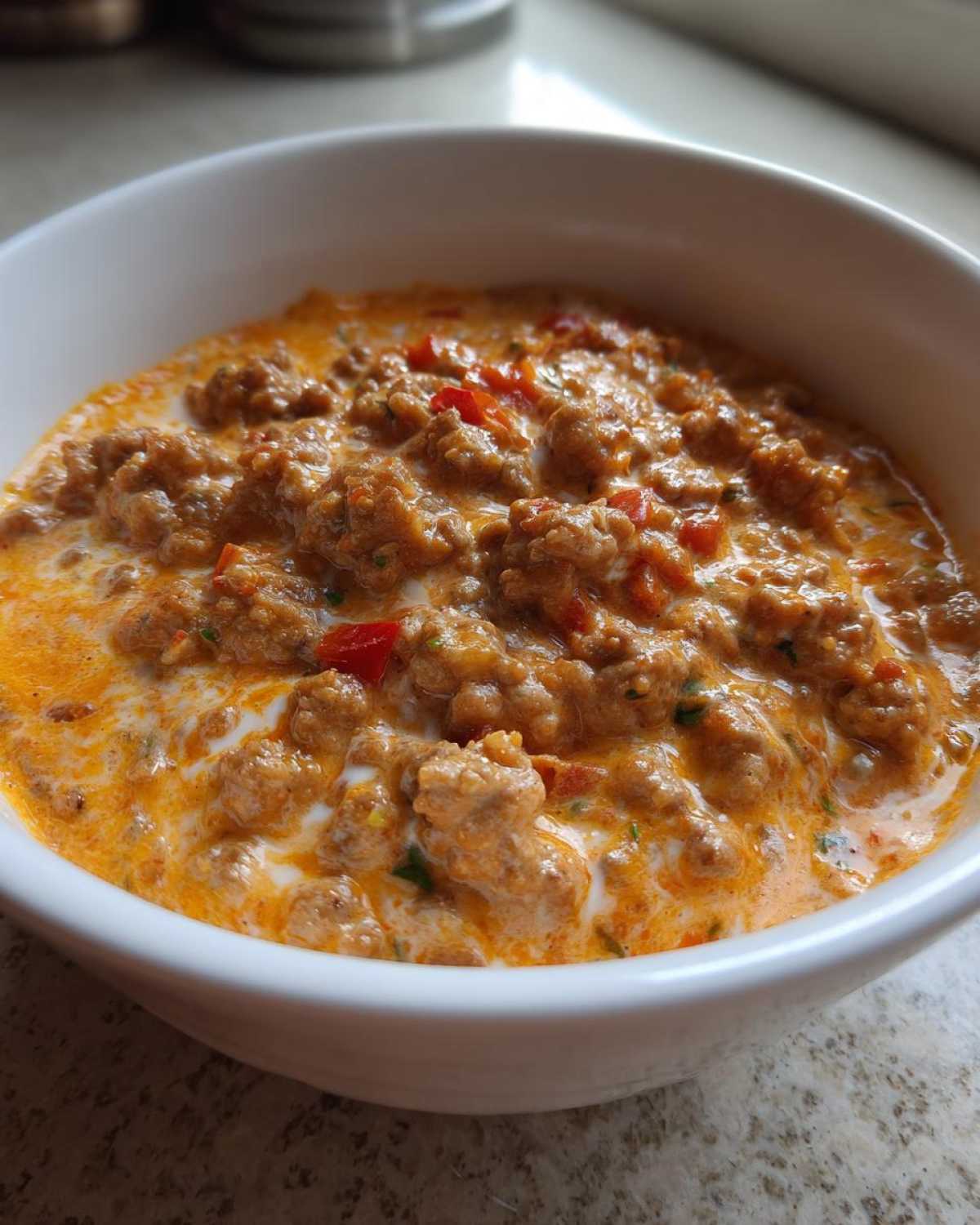 Close-up of a rich, creamy sausage cheese dip with visible chunks of sausage and red peppers in a white serving bowl.