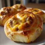 Close-up of golden baked sausage pinwheels topped with melted cheddar cheese, resting on a light plate.