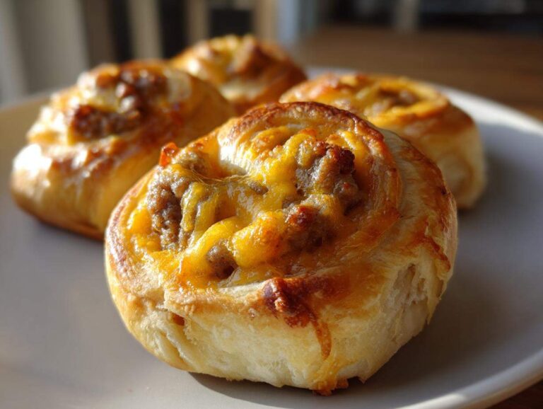 Close-up of golden baked sausage pinwheels topped with melted cheddar cheese, resting on a light plate.
