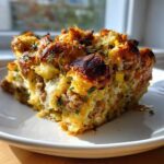 A close-up, appetizing slice of baked sausage stuffing with crispy edges and herbs, served on a white plate.