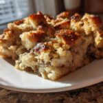 A close-up of a square slice of baked sausage stuffing with crispy, browned bread chunks on top.