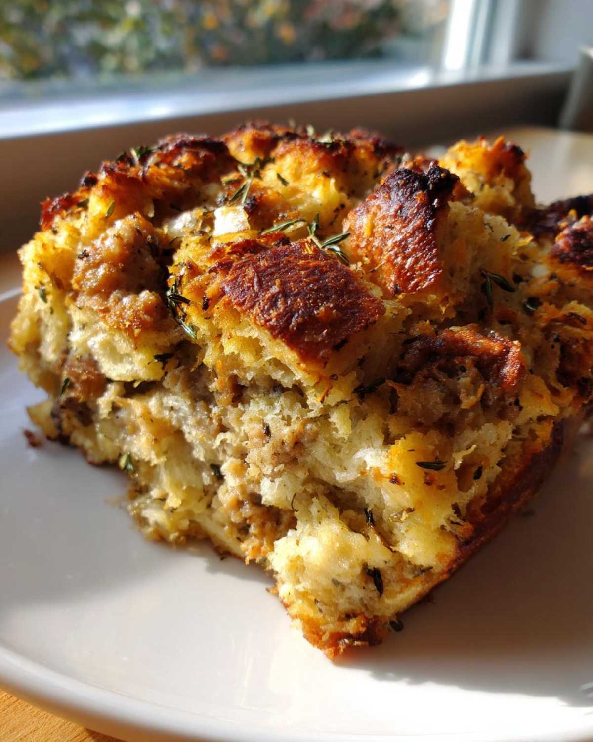 Close-up of a golden brown, baked slice of sausage stuffing with visible herbs on a white plate.