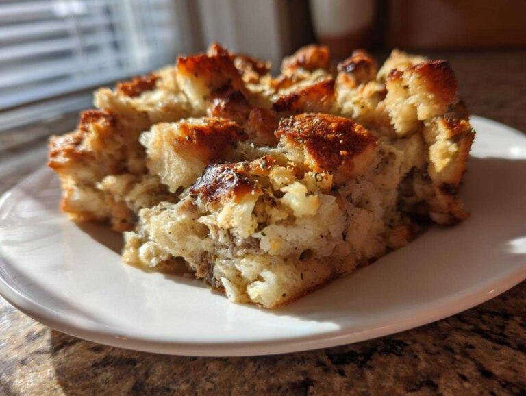 A close-up of a square slice of baked sausage stuffing with crispy, browned bread chunks on top.
