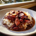 Close-up of a hearty serving of beans and rice topped with sliced smoked sausage, bathed in sunlight.
