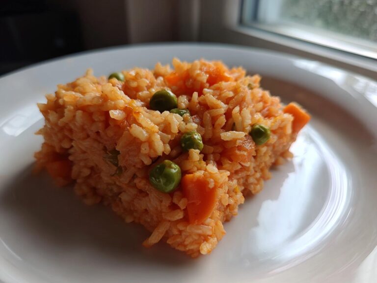 A square serving of moist, orange-hued Spanish rice mixed with bright green peas and diced carrots on a white plate.