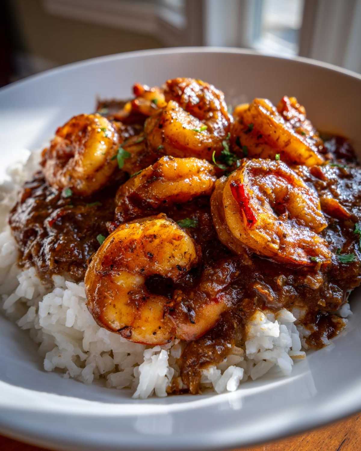 A close-up shot of rich, dark shrimp etouffee served over fluffy white rice in a white bowl.