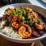Close-up of rich, dark shrimp etouffee served over fluffy white rice, topped with fresh green onions.