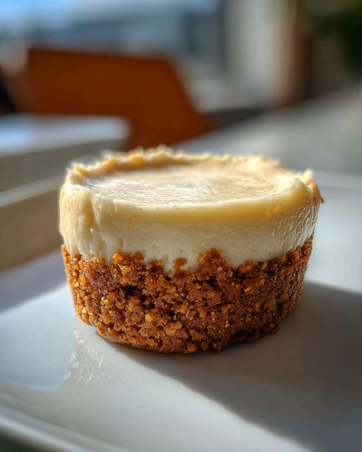A close-up of a single, perfectly baked mini cheesecake with a thick graham cracker crust sitting on a white plate.