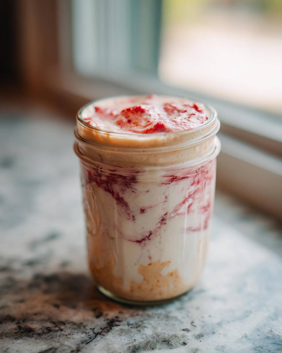 A single serving of layered Protein Cheesecake with strawberry swirl in a glass jar.
