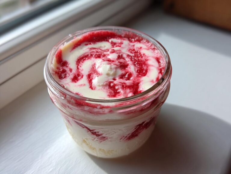 Close-up of a single-serving Protein Cheesecake in a glass jar with a vibrant red berry swirl topping.