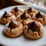 Six freshly baked peanut butter blossoms coated in sugar, each topped with a dollop of melted chocolate.