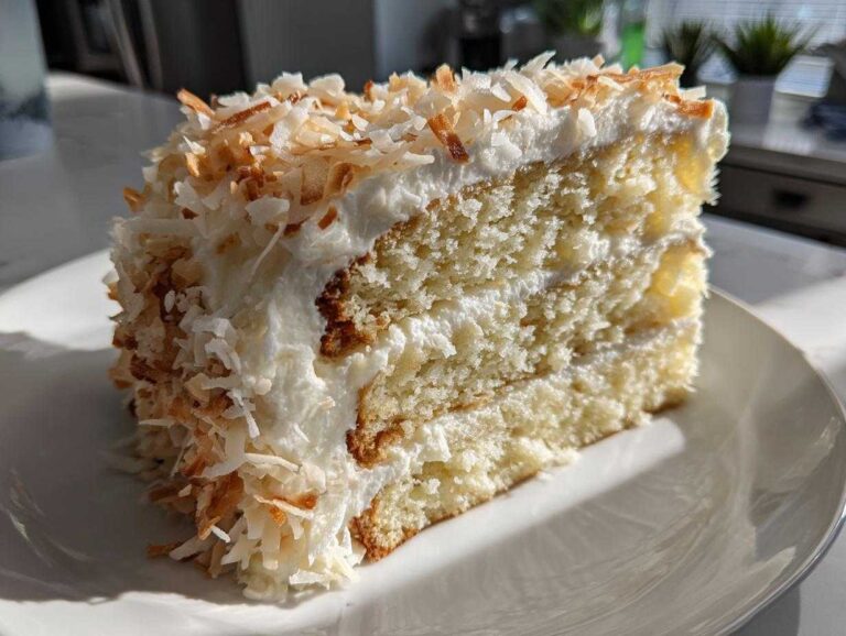 A moist slice of coconut cake recipe layered with white frosting and covered in toasted coconut flakes.