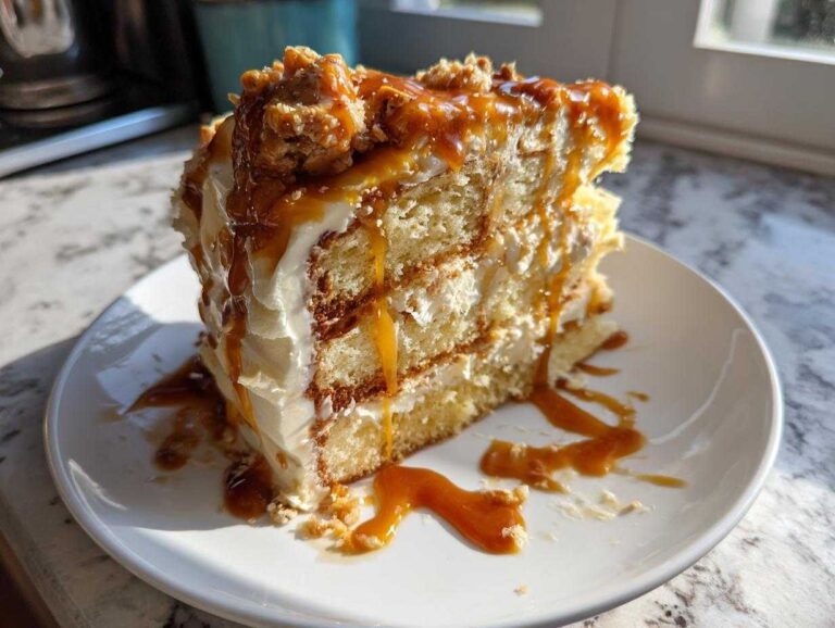 A tall slice of caramel crunch cake featuring multiple layers of cake, cream frosting, and dripping caramel sauce.