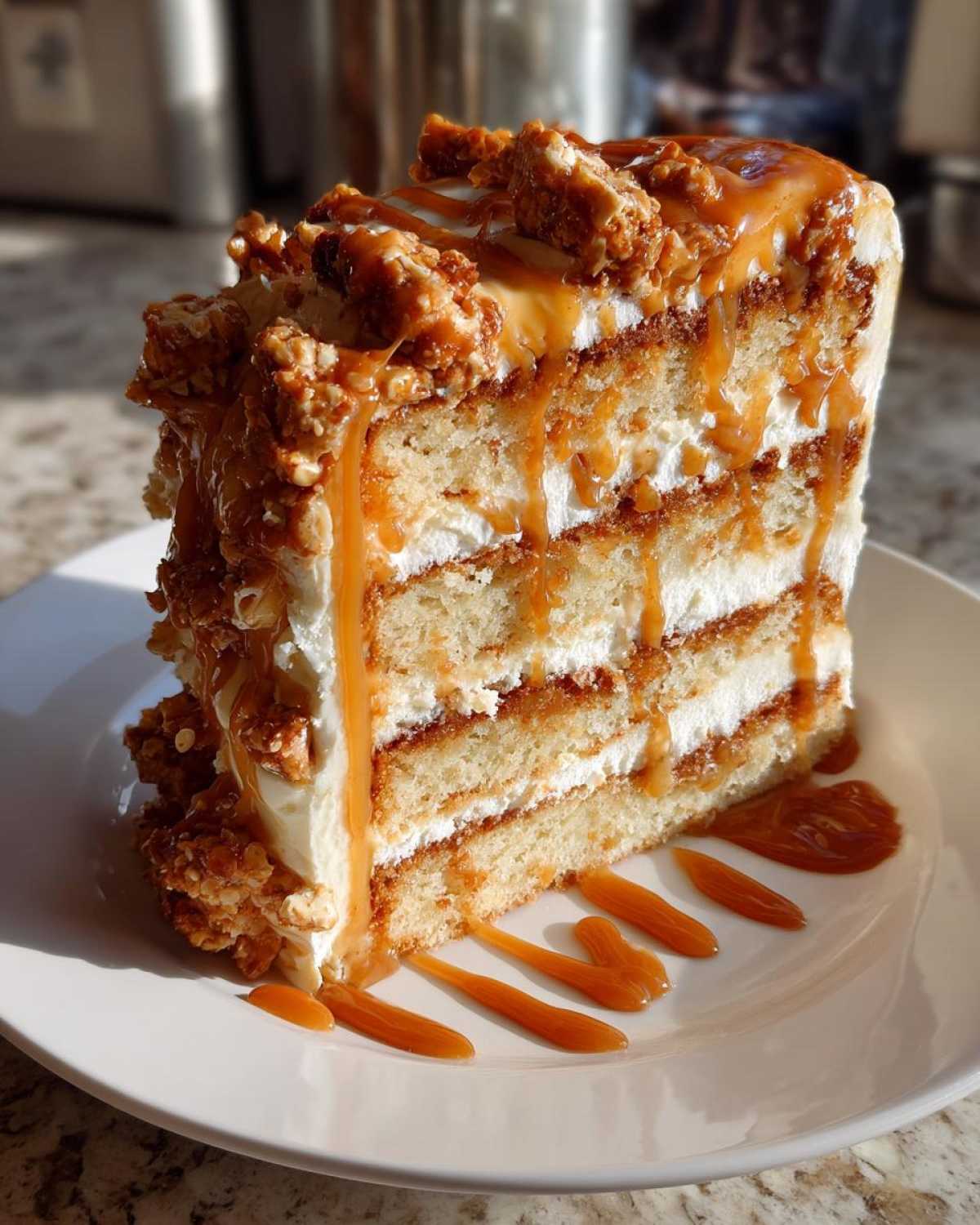 A tall slice of caramel crunch cake showing multiple layers of cake, cream, and dripping caramel sauce.