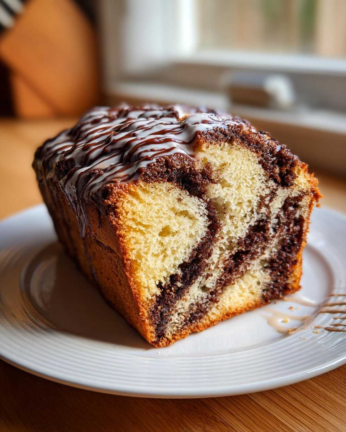 A thick slice of chocolate babka bread with a marbled interior, topped with white and dark chocolate drizzle.
