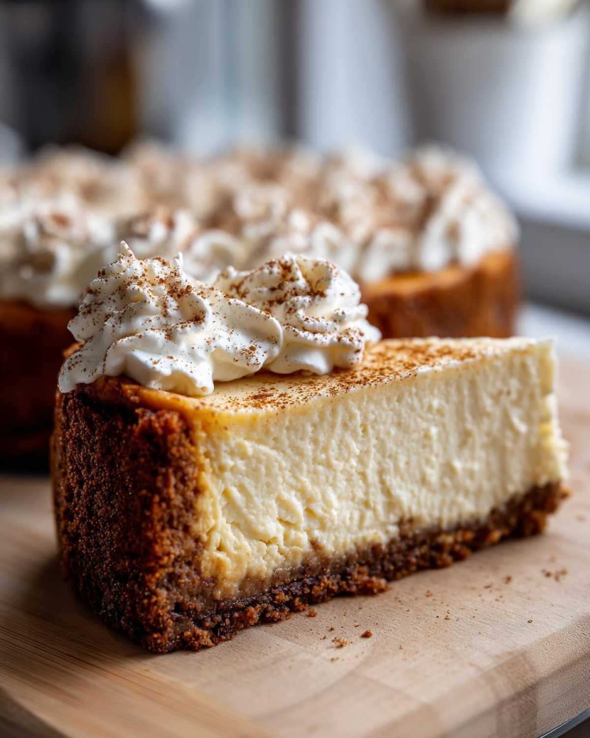 A close-up slice of creamy eggnog cheesecake recipe with a thick graham cracker crust, topped with whipped cream and cinnamon.