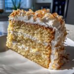 A close-up slice of moist coconut cake recipe layered with white frosting and topped with toasted coconut flakes.