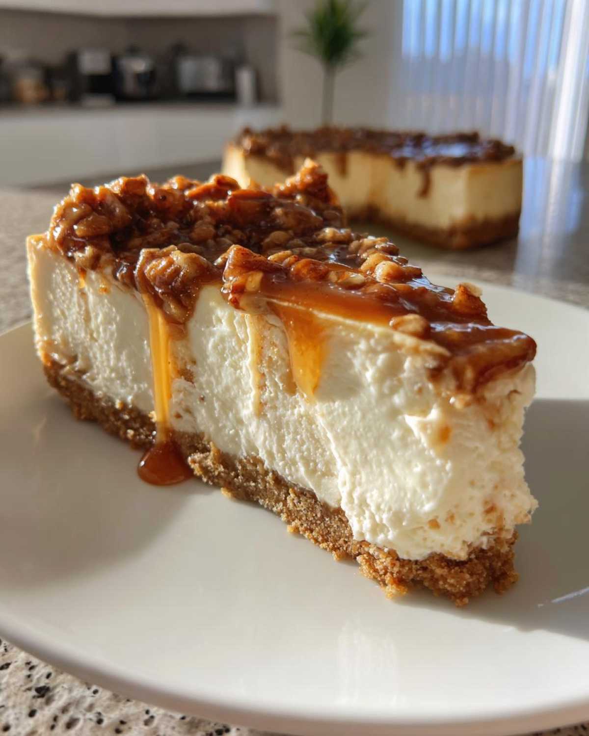 A close-up slice of creamy pecan pie cheesecake topped with sticky caramel and toasted pecans.