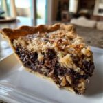 A close-up of a slice of rich texas trash pie showing chocolate chips and coconut topping.