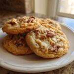 A stack of four soft, golden butter pecan cookies topped with chopped pecans on a white plate.