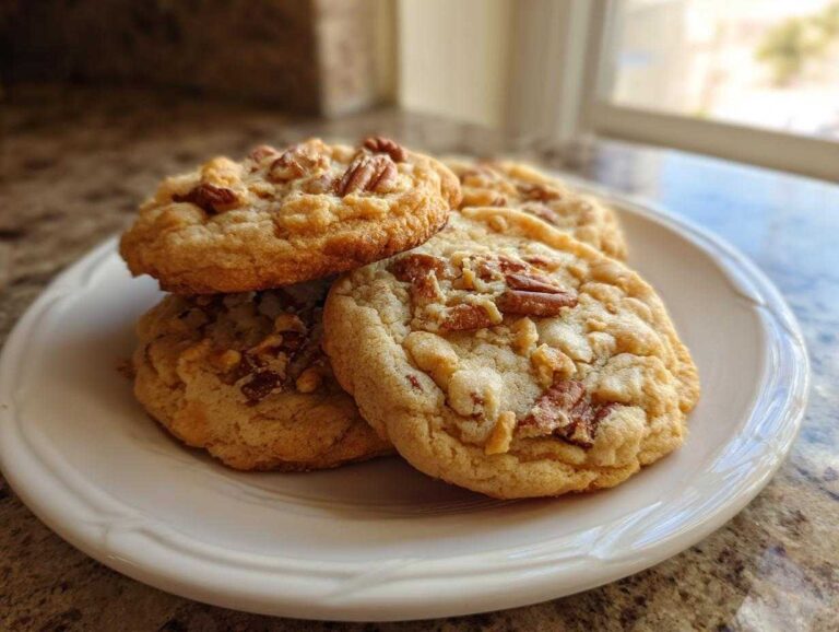 A stack of four soft, golden butter pecan cookies topped with chopped pecans on a white plate.