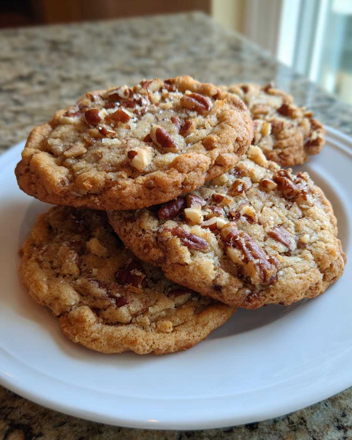 A stack of three soft, golden brown butter pecan cookies topped with chopped pecans and sea salt.