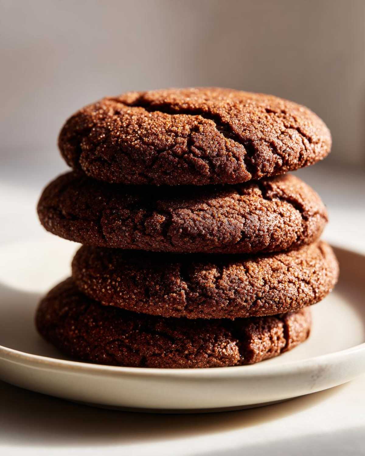 Close-up of four stacked, dark brown soft gingerbread cookies coated in sugar.