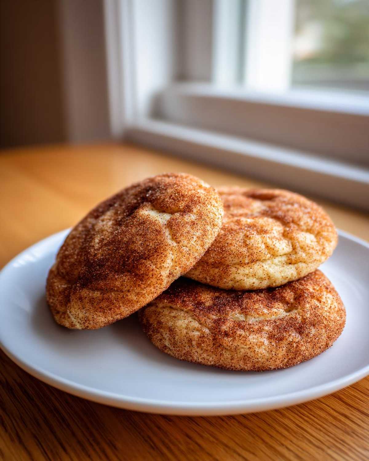 Close-up of three freshly baked snickerdoodle cookies coated in cinnamon sugar, stacked on a white plate.
