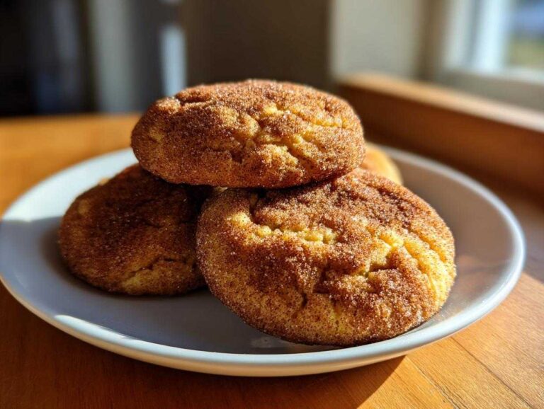 A stack of three perfectly baked snickerdoodle cookies, coated in cinnamon sugar, sitting on a light blue plate.