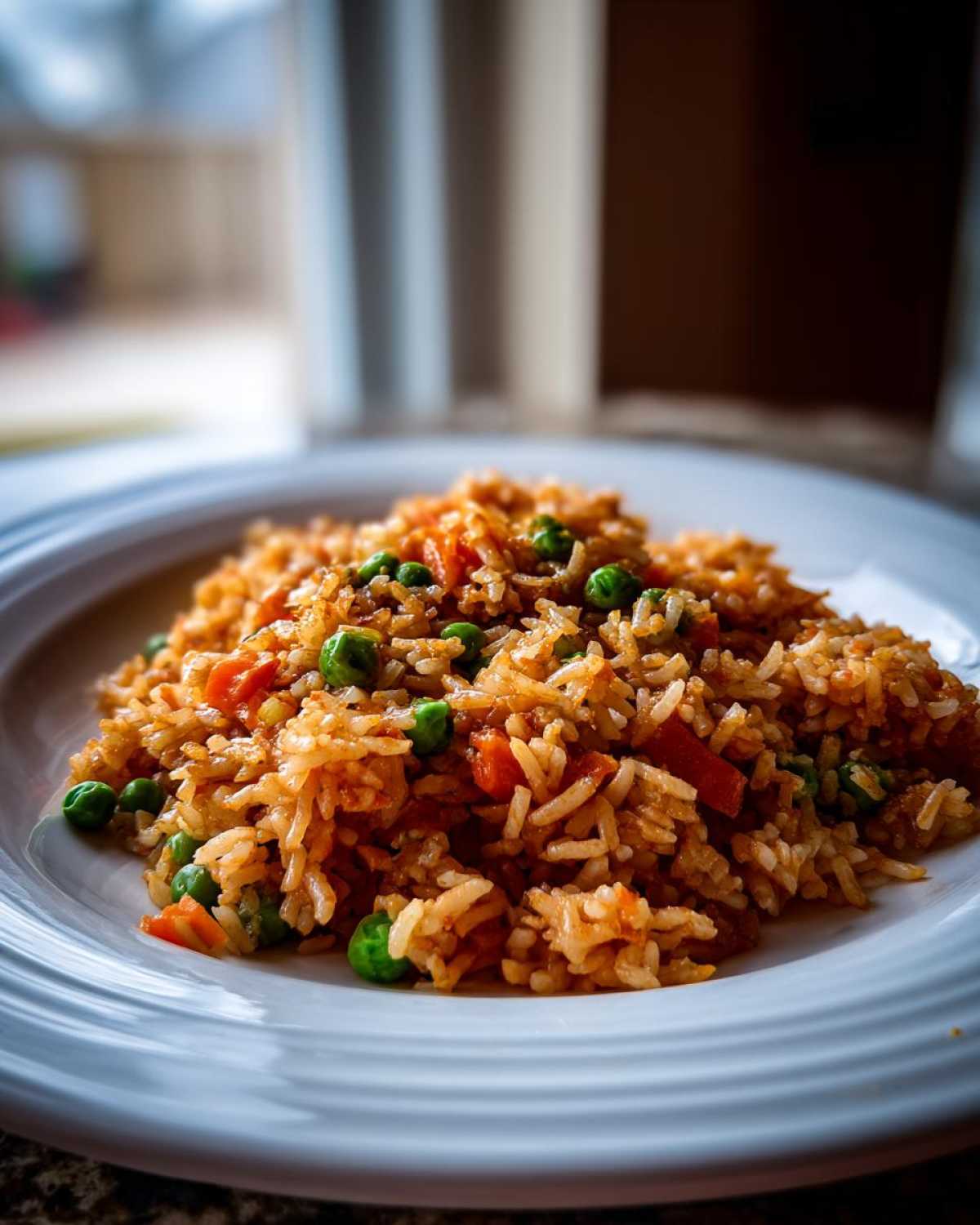 A close-up of a serving of flavorful Spanish rice mixed with bright green peas and diced carrots on a white plate.