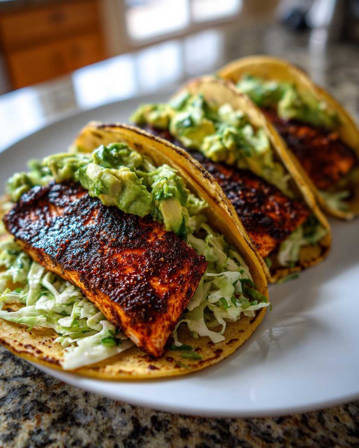 Three delicious salmon tacos featuring blackened salmon, shredded cabbage, and chunky avocado salsa on corn tortillas.