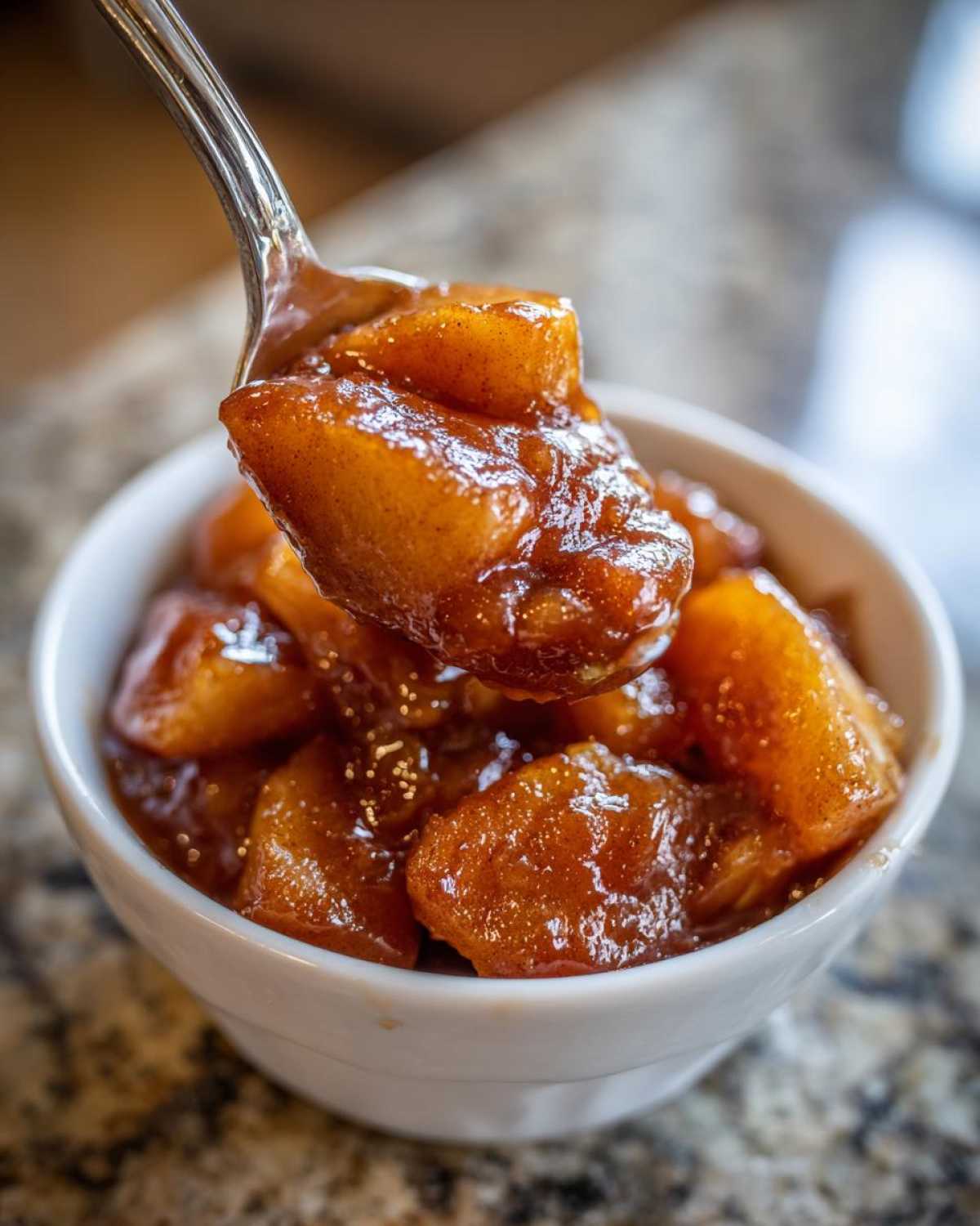 A spoonful of thick, glossy, spiced apple pie filling being lifted from a small white bowl.