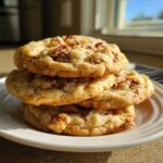 A stack of three soft, golden butter pecan cookies resting on a white plate.