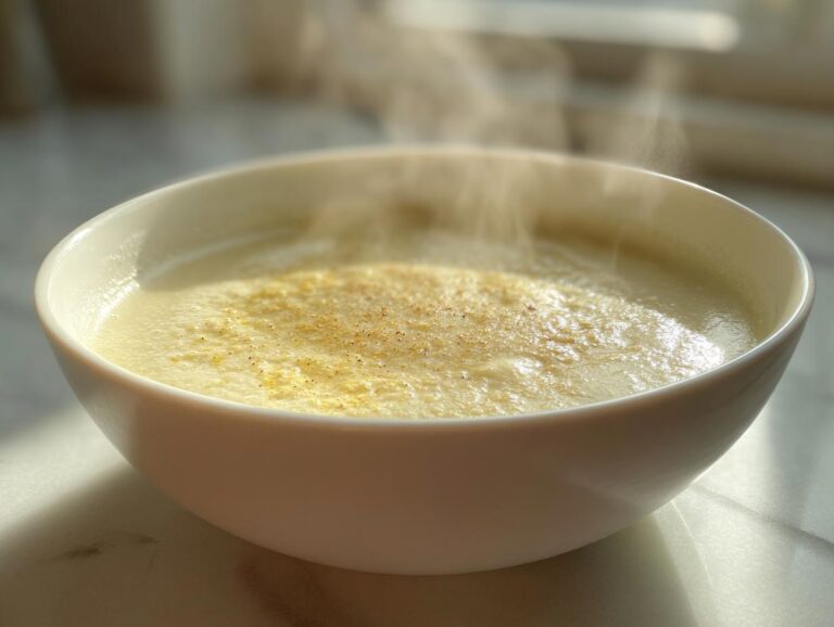 Close-up of a steaming white bowl filled with creamy cauliflower soup, garnished with spices.