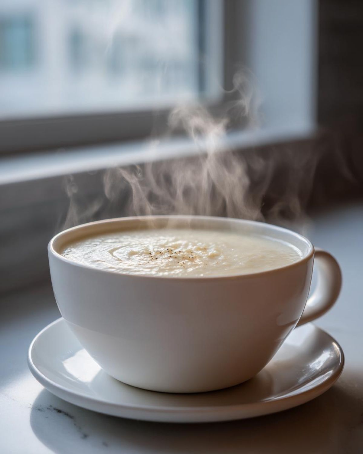 A steaming hot bowl of creamy cauliflower soup garnished with pepper, sitting on a saucer.
