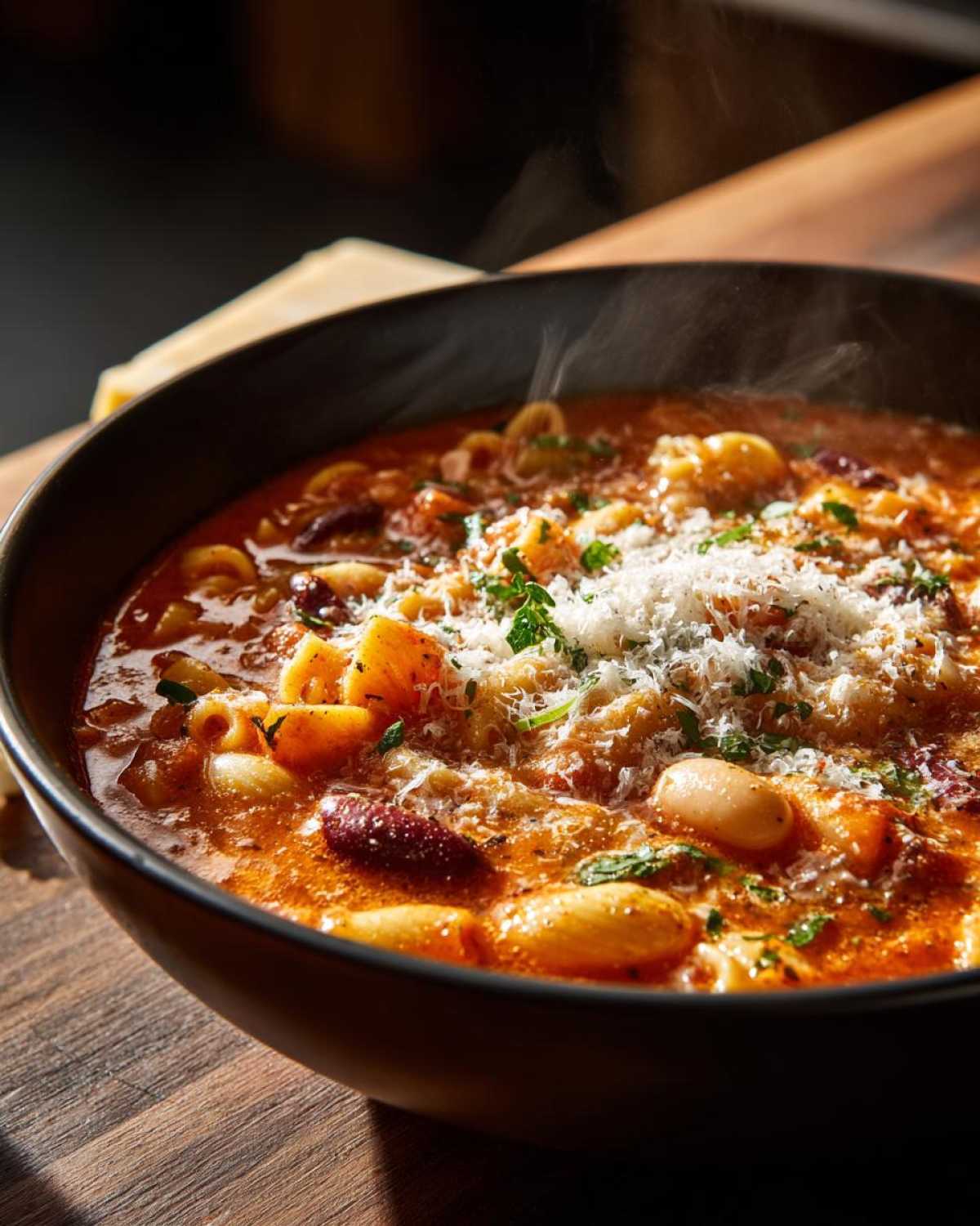 Close-up of a steaming bowl of rich, tomato-based pasta e fagioli soup topped generously with grated Parmesan cheese.