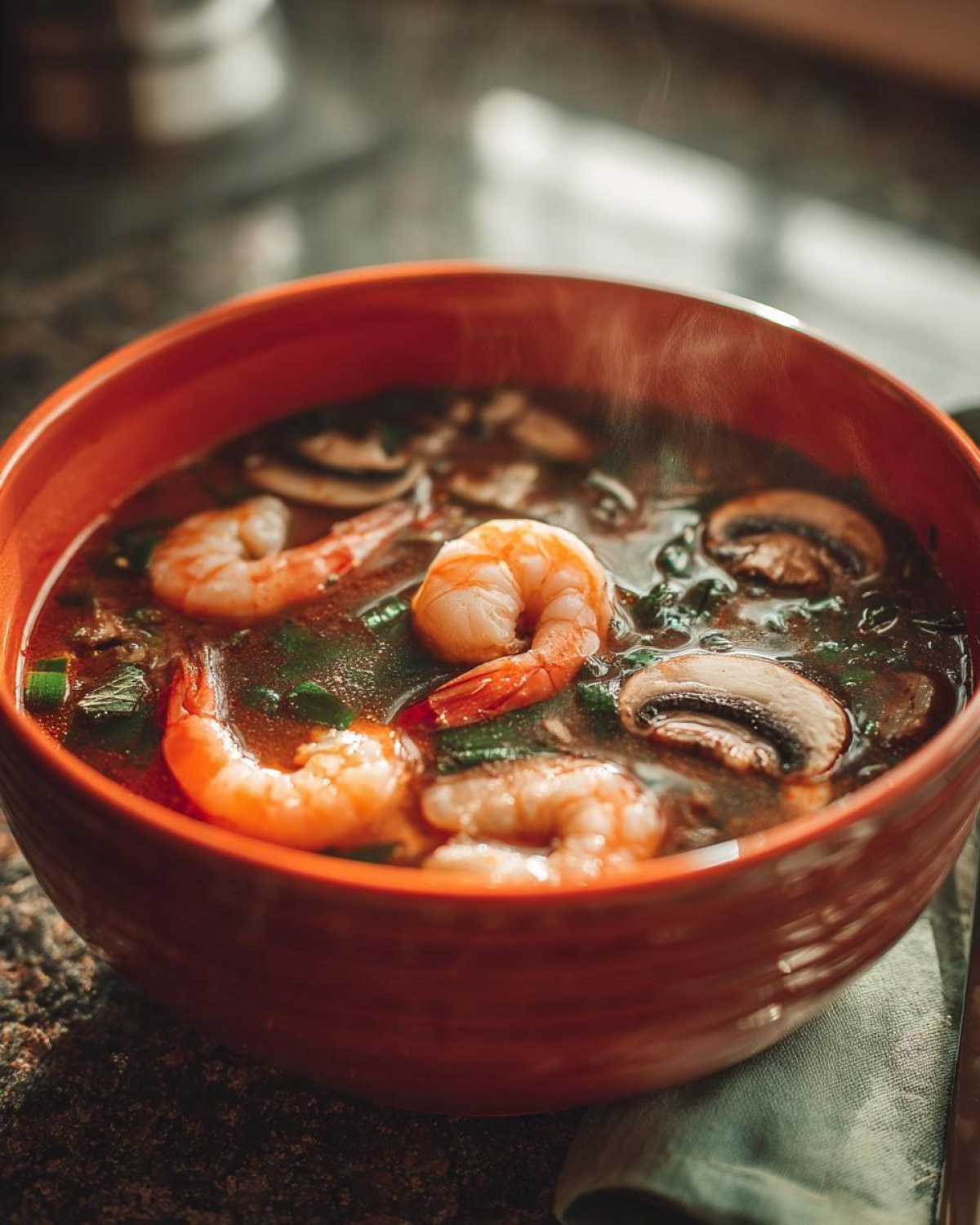 Close-up of a steaming orange bowl filled with rich, dark tom yum soup featuring plump shrimp and sliced mushrooms.