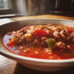 Close-up of a steaming bowl of stuffed pepper soup, rich with ground beef, rice, and chunks of red and green peppers.
