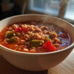 A close-up of a steaming white bowl filled with rich, red stuffed pepper soup containing ground meat, rice, green, and red peppers.