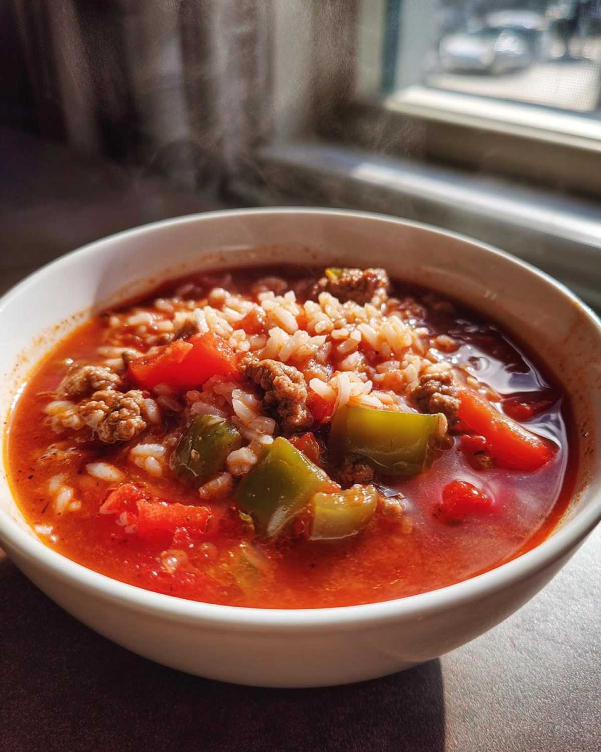 A close-up of a steaming white bowl filled with hearty stuffed pepper soup, featuring ground beef, rice, and chunks of green and red peppers in a tomato broth.