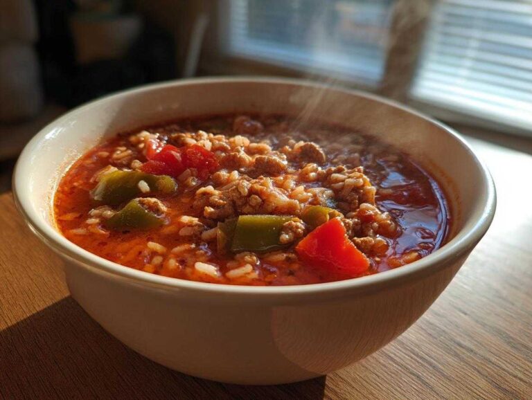 A close-up of a steaming white bowl filled with rich, red stuffed pepper soup containing ground meat, rice, green, and red peppers.