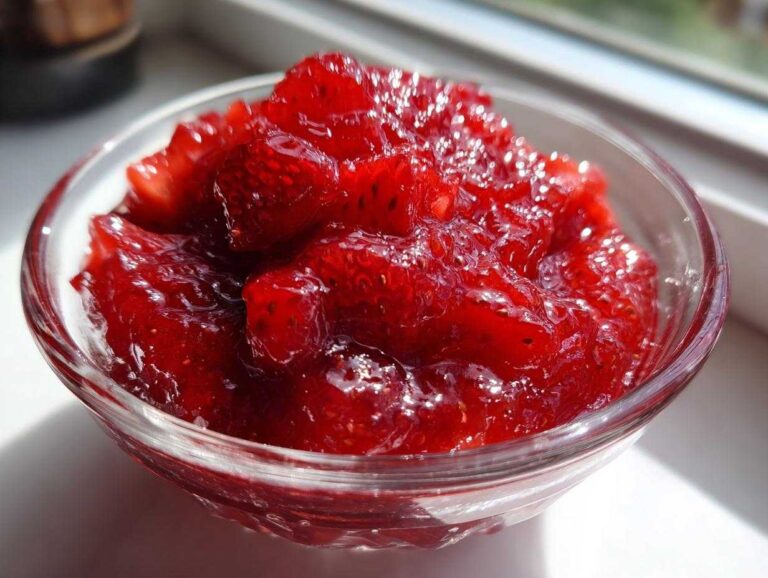 Close-up of vibrant, chunky strawberry freezer jam glistening in a small clear glass bowl near a window.