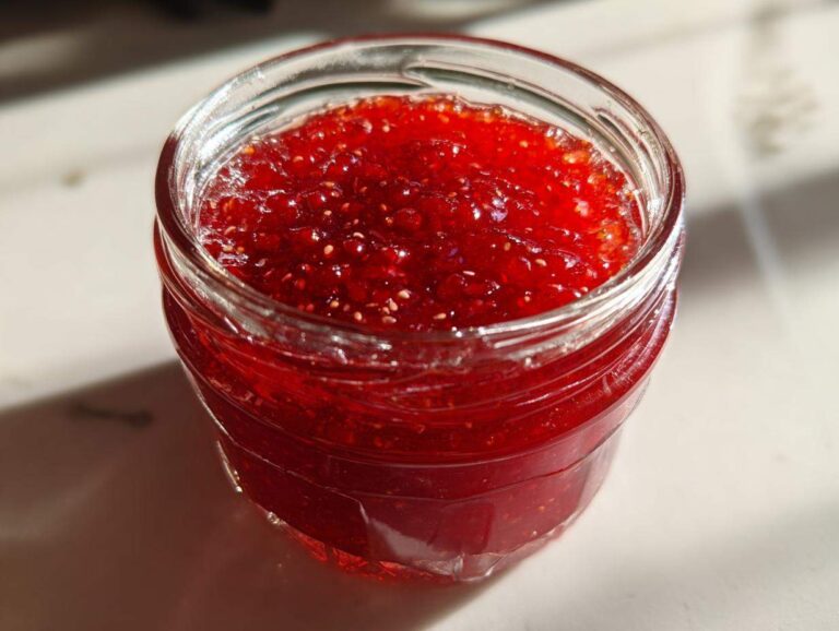 Close-up of a glass jar filled with vibrant red strawberry freezer jam, showing visible seeds.