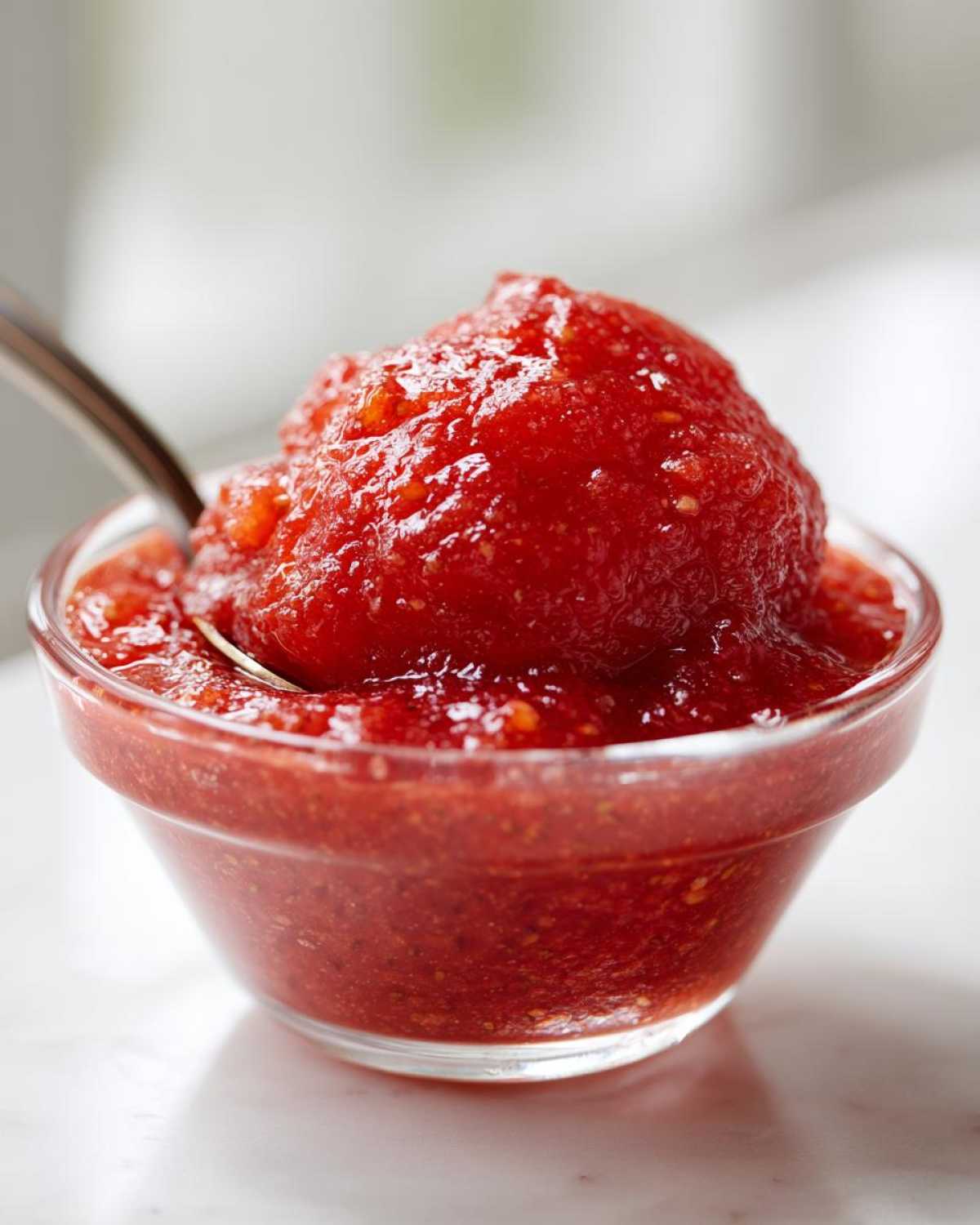 Close-up of bright red strawberry freezer jam scooped high in a small glass bowl with a spoon.