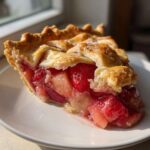 Close-up of a juicy slice of strawberry rhubarb pie showing the filling and golden lattice crust.